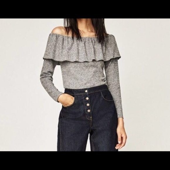 Zara Off Shoulder Ruffled Knit Bodysuit Heather Gray Size L Cozy Soft Winter - Picture 2 of 6